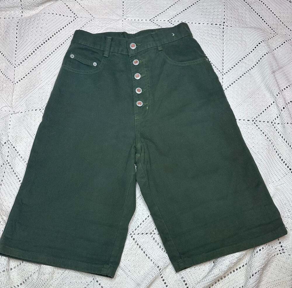 Steel Jeans Vintage 90s High-Waisted Button Fly Green Denim Bermuda Shorts
